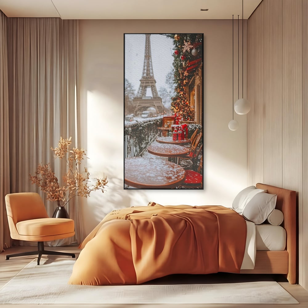Tablou Canvas Premium, LuxCanva® D1125, Iarna pe Malurile Senei, Zapada, Paris, Romantic, Iarna, Vacanta, Cafenea, Chic, Turn, Eiffel, Ninsoare, Magie, Feerie, Vis, Living, Dormitor