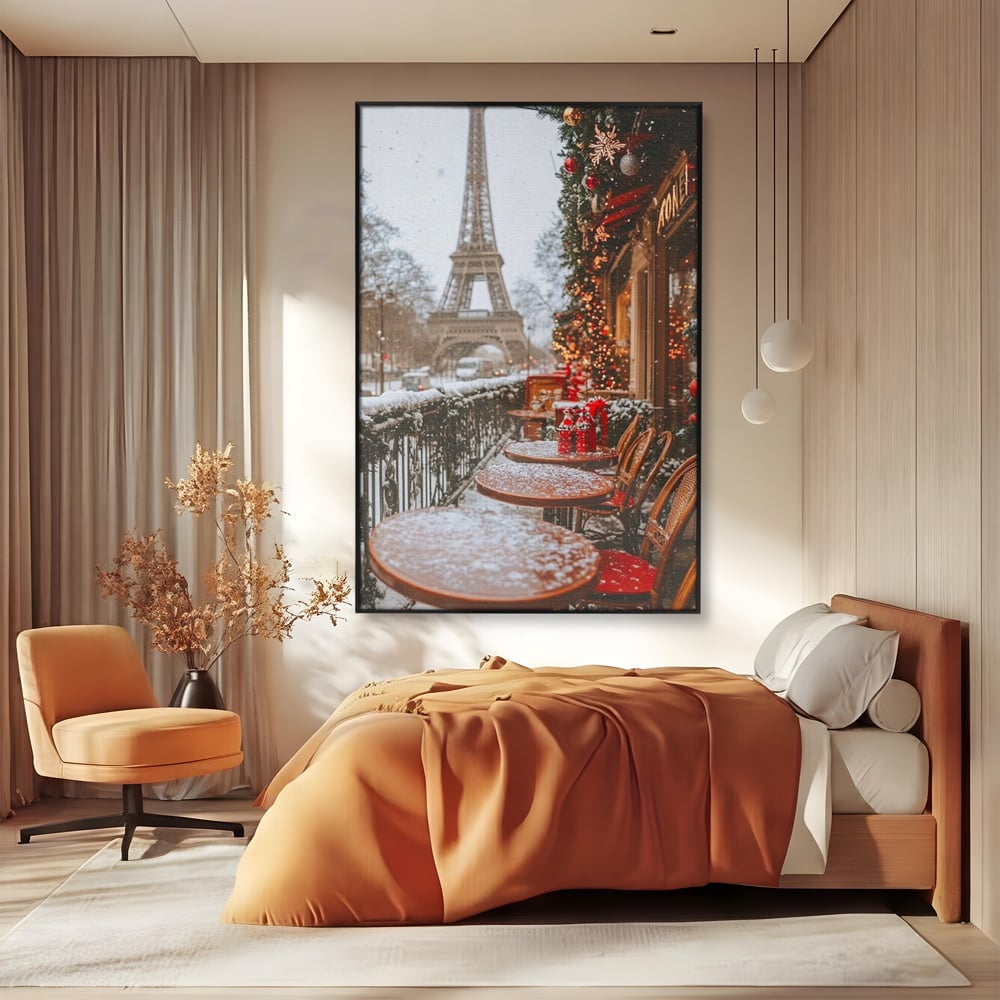 Tablou Canvas Premium, LuxCanva® D1125, Iarna pe Malurile Senei, Zapada, Paris, Romantic, Iarna, Vacanta, Cafenea, Chic, Turn, Eiffel, Ninsoare, Magie, Feerie, Vis, Living, Dormitor