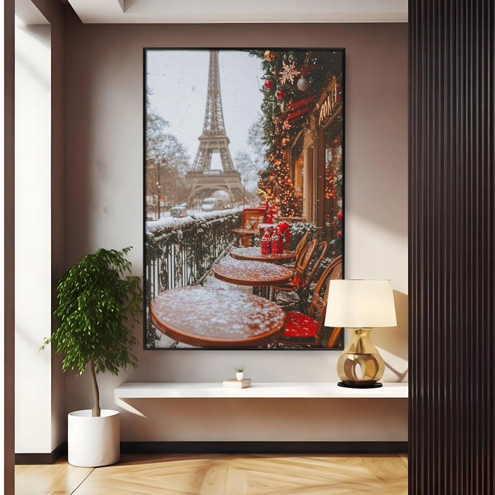 Tablou Canvas Premium, LuxCanva® D1125, Iarna pe Malurile Senei, Zapada, Paris, Romantic, Iarna, Vacanta, Cafenea, Chic, Turn, Eiffel, Ninsoare, Magie, Feerie, Vis, Living, Dormitor