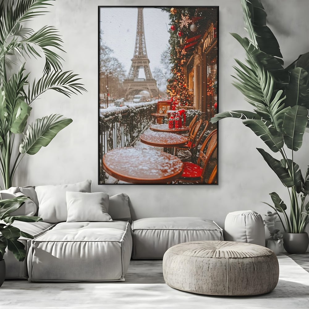 Tablou Canvas Premium, LuxCanva® D1125, Iarna pe Malurile Senei, Zapada, Paris, Romantic, Iarna, Vacanta, Cafenea, Chic, Turn, Eiffel, Ninsoare, Magie, Feerie, Vis, Living, Dormitor