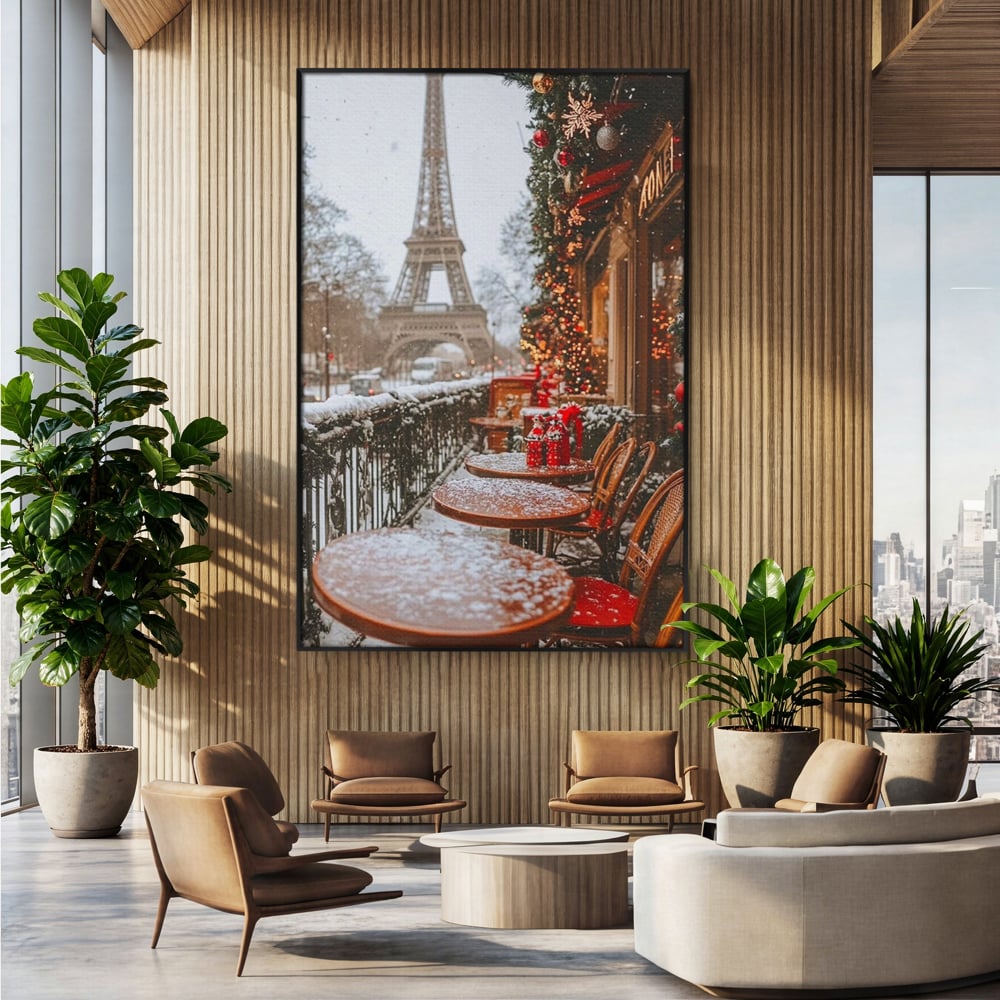 Tablou Canvas Premium, LuxCanva® D1125, Iarna pe Malurile Senei, Zapada, Paris, Romantic, Iarna, Vacanta, Cafenea, Chic, Turn, Eiffel, Ninsoare, Magie, Feerie, Vis, Living, Dormitor