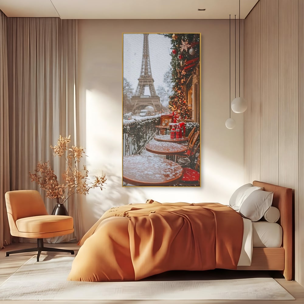 Tablou Canvas Premium, LuxCanva® D1125, Iarna pe Malurile Senei, Zapada, Paris, Romantic, Iarna, Vacanta, Cafenea, Chic, Turn, Eiffel, Ninsoare, Magie, Feerie, Vis, Living, Dormitor