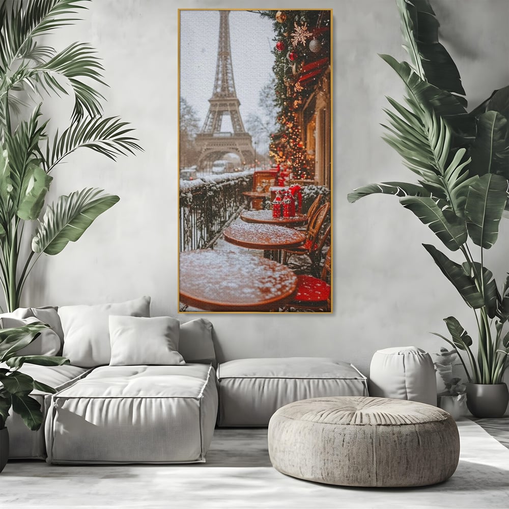 Tablou Canvas Premium, LuxCanva® D1125, Iarna pe Malurile Senei, Zapada, Paris, Romantic, Iarna, Vacanta, Cafenea, Chic, Turn, Eiffel, Ninsoare, Magie, Feerie, Vis, Living, Dormitor