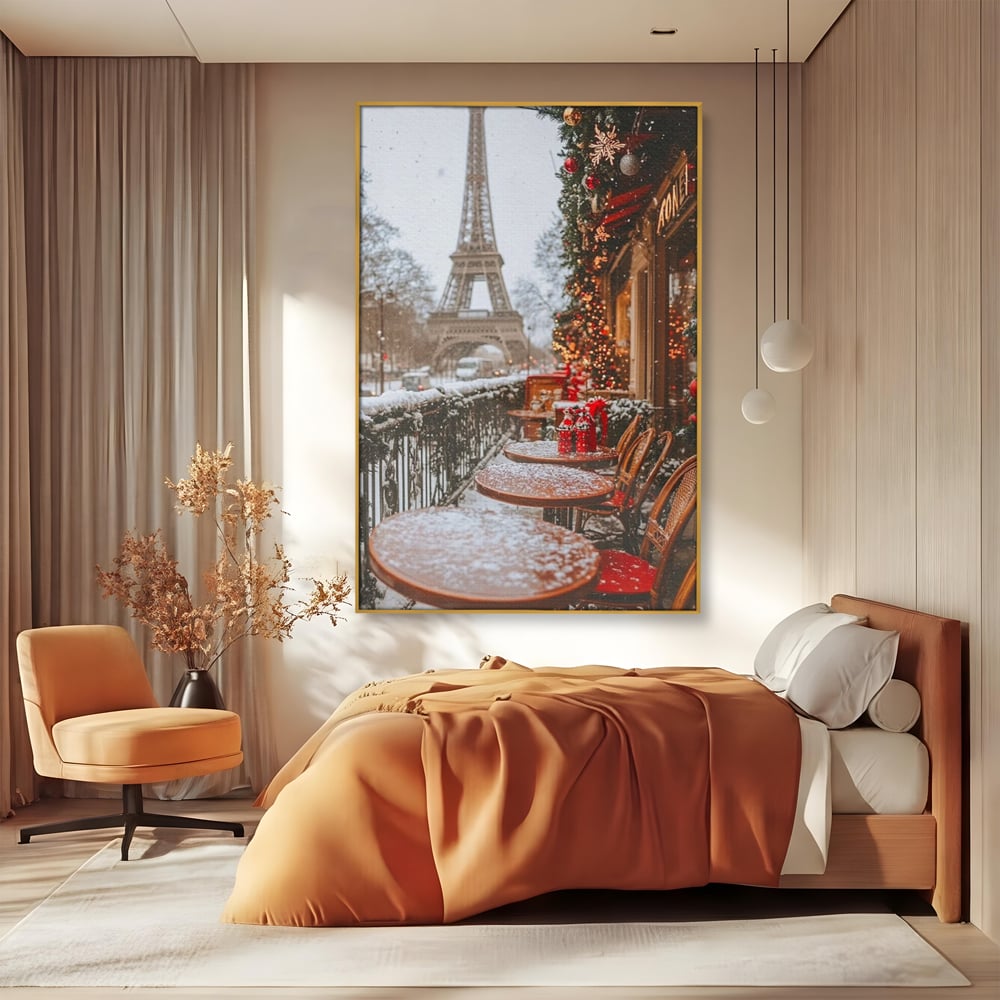 Tablou Canvas Premium, LuxCanva® D1125, Iarna pe Malurile Senei, Zapada, Paris, Romantic, Iarna, Vacanta, Cafenea, Chic, Turn, Eiffel, Ninsoare, Magie, Feerie, Vis, Living, Dormitor