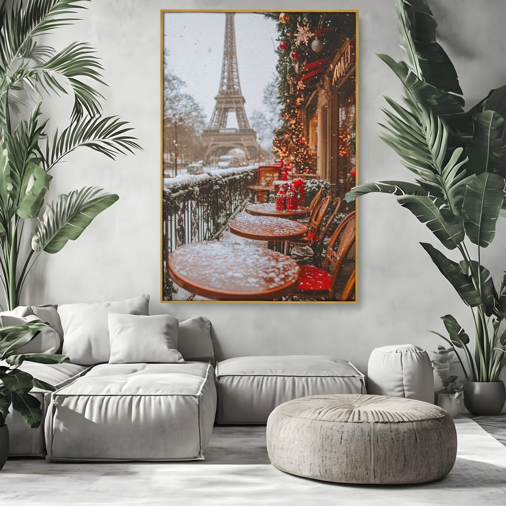 Tablou Canvas Premium, LuxCanva® D1125, Iarna pe Malurile Senei, Zapada, Paris, Romantic, Iarna, Vacanta, Cafenea, Chic, Turn, Eiffel, Ninsoare, Magie, Feerie, Vis, Living, Dormitor