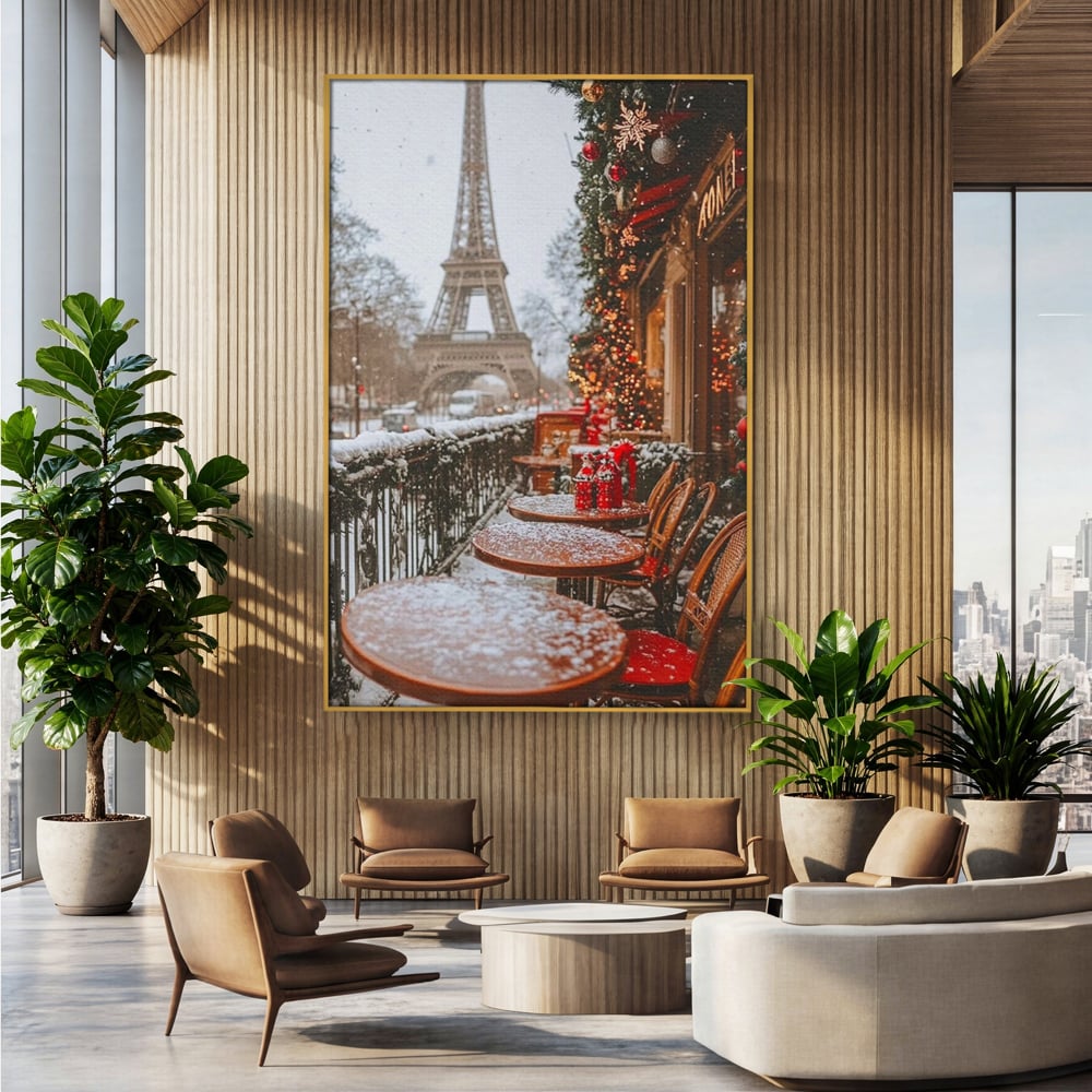 Tablou Canvas Premium, LuxCanva® D1125, Iarna pe Malurile Senei, Zapada, Paris, Romantic, Iarna, Vacanta, Cafenea, Chic, Turn, Eiffel, Ninsoare, Magie, Feerie, Vis, Living, Dormitor