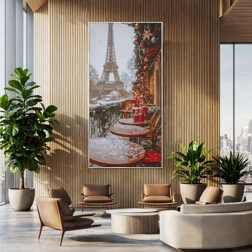 Tablou Canvas Premium, LuxCanva® D1125, Iarna pe Malurile Senei, Zapada, Paris, Romantic, Iarna, Vacanta, Cafenea, Chic, Turn, Eiffel, Ninsoare, Magie, Feerie, Vis, Living, Dormitor