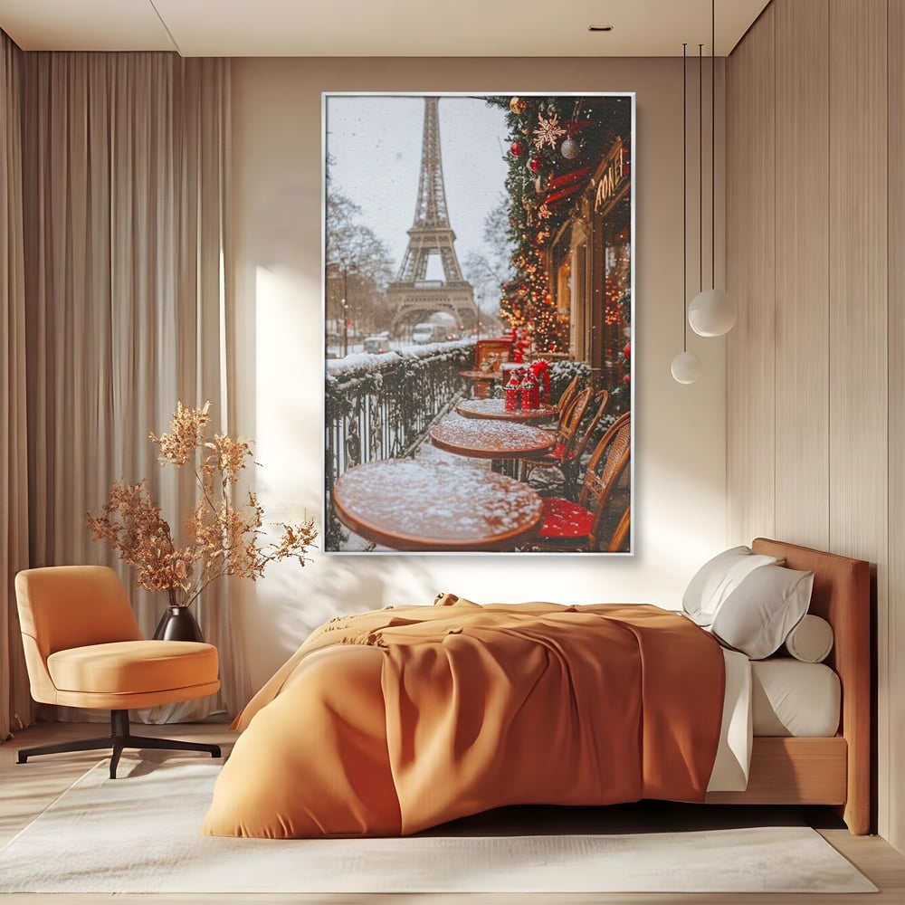 Tablou Canvas Premium, LuxCanva® D1125, Iarna pe Malurile Senei, Zapada, Paris, Romantic, Iarna, Vacanta, Cafenea, Chic, Turn, Eiffel, Ninsoare, Magie, Feerie, Vis, Living, Dormitor