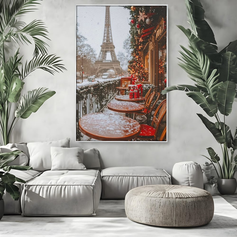 Tablou Canvas Premium, LuxCanva® D1125, Iarna pe Malurile Senei, Zapada, Paris, Romantic, Iarna, Vacanta, Cafenea, Chic, Turn, Eiffel, Ninsoare, Magie, Feerie, Vis, Living, Dormitor