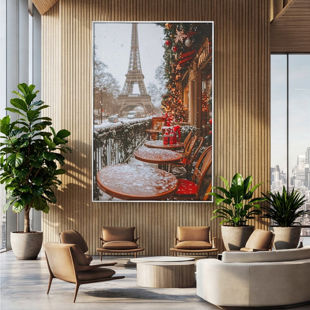 Tablou Canvas Premium, LuxCanva® D1125, Iarna pe Malurile Senei, Zapada, Paris, Romantic, Iarna, Vacanta, Cafenea, Chic, Turn, Eiffel, Ninsoare, Magie, Feerie, Vis, Living, Dormitor
