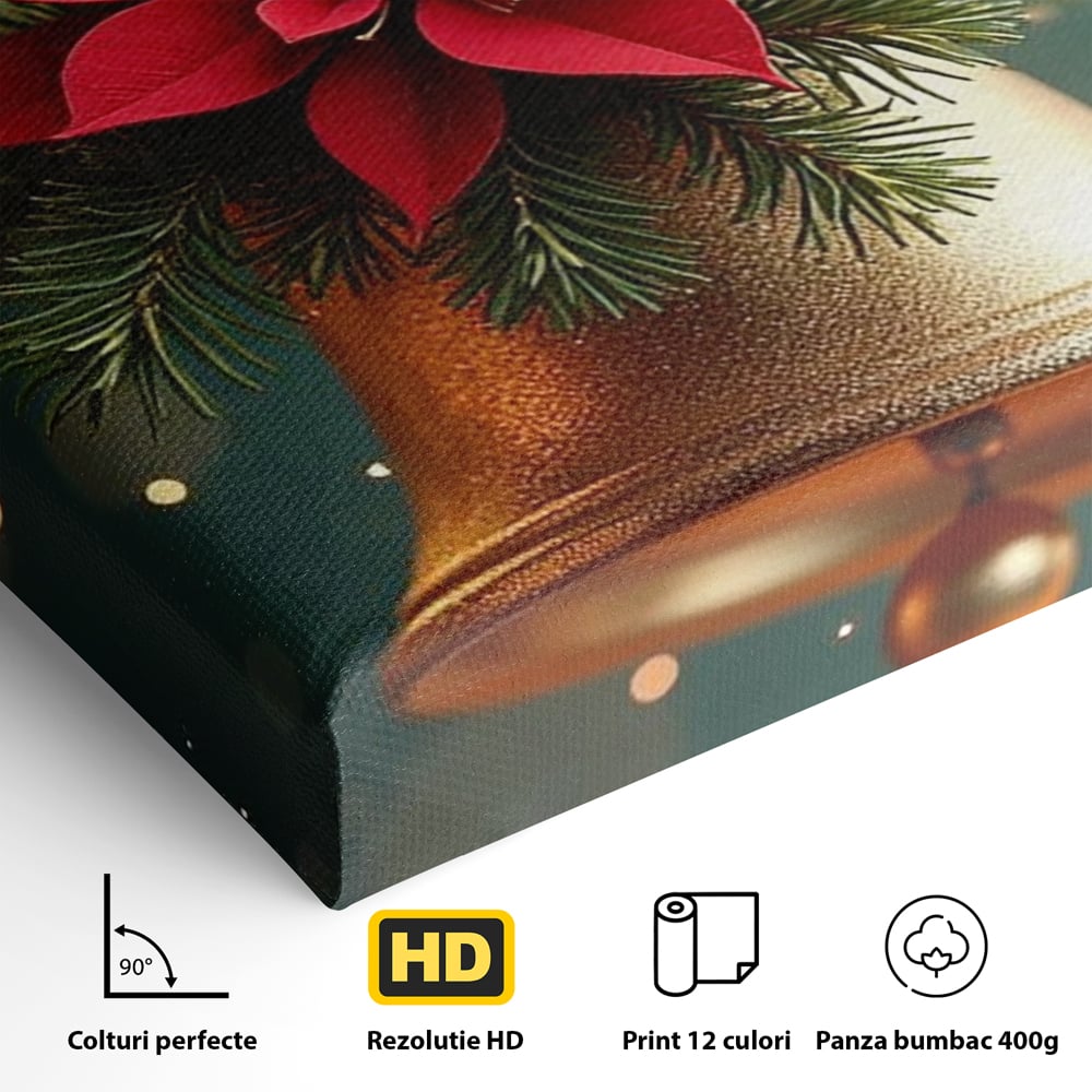 Leinwand Wandkunst Leinwand Wandkunst Premium, LuxCanva® D1126, The Sound of the Holidays, Glocken, Gold, Symphonie, Urlaub, Dekoration, Weihnachtsstern, Rot, Zweige, Tanne, Symbol, Harmonie, Wohnen, Schlafzimmer