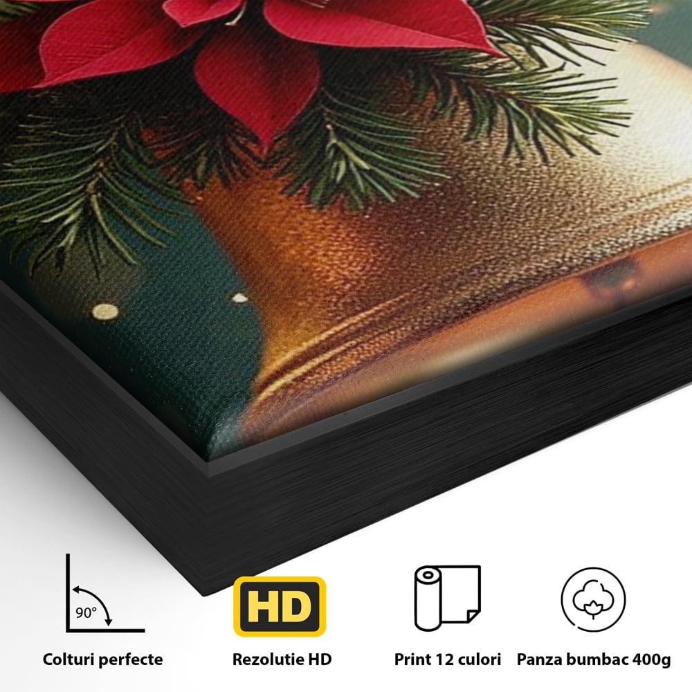 Leinwand Wandkunst Leinwand Wandkunst Premium, LuxCanva® D1126, The Sound of the Holidays, Glocken, Gold, Symphonie, Urlaub, Dekoration, Weihnachtsstern, Rot, Zweige, Tanne, Symbol, Harmonie, Wohnen, Schlafzimmer