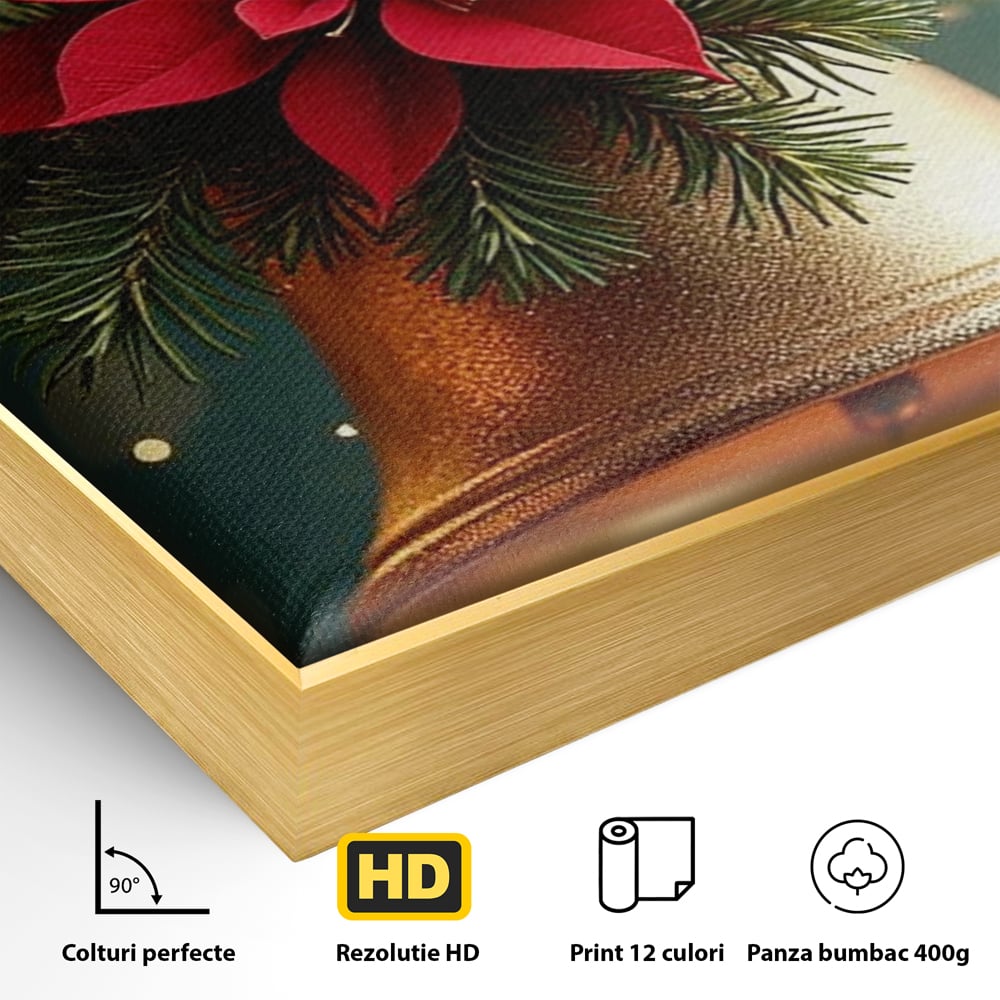 Leinwand Wandkunst Leinwand Wandkunst Premium, LuxCanva® D1126, The Sound of the Holidays, Glocken, Gold, Symphonie, Urlaub, Dekoration, Weihnachtsstern, Rot, Zweige, Tanne, Symbol, Harmonie, Wohnen, Schlafzimmer