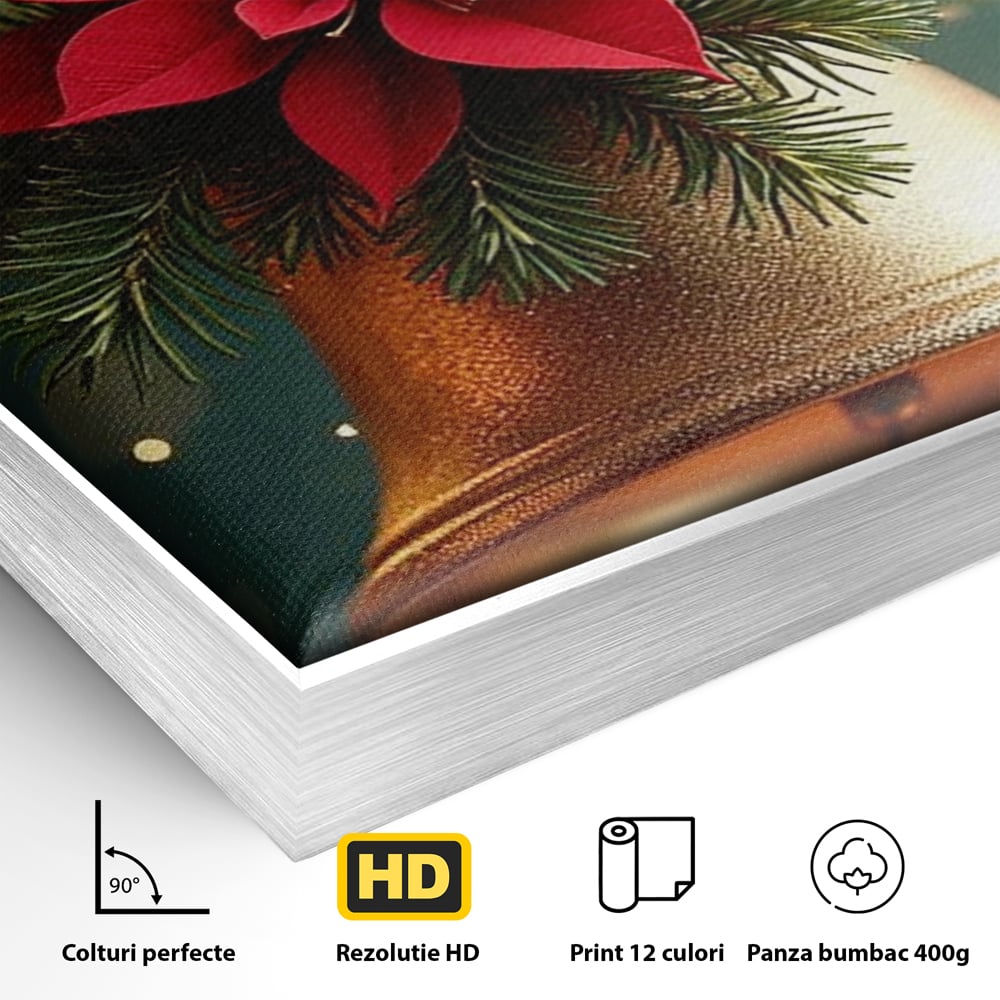 Leinwand Wandkunst Leinwand Wandkunst Premium, LuxCanva® D1126, The Sound of the Holidays, Glocken, Gold, Symphonie, Urlaub, Dekoration, Weihnachtsstern, Rot, Zweige, Tanne, Symbol, Harmonie, Wohnen, Schlafzimmer