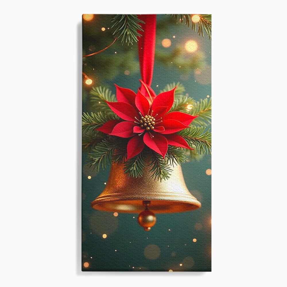Leinwand Wandkunst Leinwand Wandkunst Premium, LuxCanva® D1126, The Sound of the Holidays, Glocken, Gold, Symphonie, Urlaub, Dekoration, Weihnachtsstern, Rot, Zweige, Tanne, Symbol, Harmonie, Wohnen, Schlafzimmer
