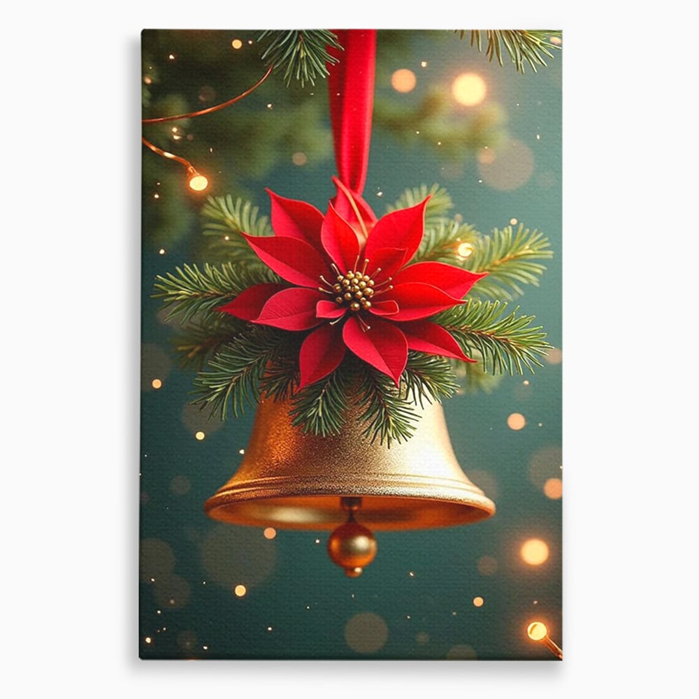 Leinwand Wandkunst Leinwand Wandkunst Premium, LuxCanva® D1126, The Sound of the Holidays, Glocken, Gold, Symphonie, Urlaub, Dekoration, Weihnachtsstern, Rot, Zweige, Tanne, Symbol, Harmonie, Wohnen, Schlafzimmer