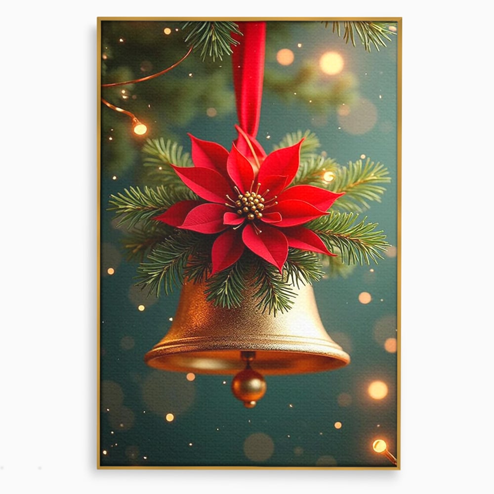 Leinwand Wandkunst Leinwand Wandkunst Premium, LuxCanva® D1126, The Sound of the Holidays, Glocken, Gold, Symphonie, Urlaub, Dekoration, Weihnachtsstern, Rot, Zweige, Tanne, Symbol, Harmonie, Wohnen, Schlafzimmer