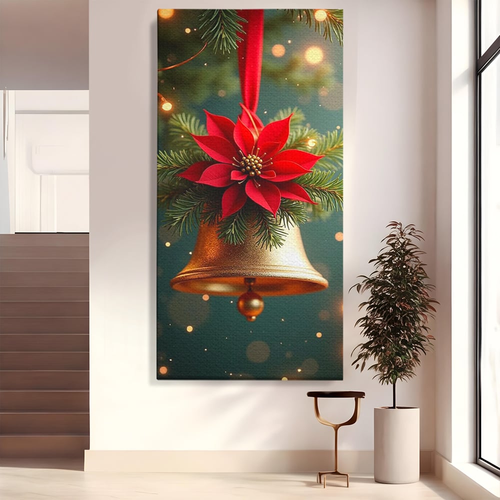 Leinwand Wandkunst Leinwand Wandkunst Premium, LuxCanva® D1126, The Sound of the Holidays, Glocken, Gold, Symphonie, Urlaub, Dekoration, Weihnachtsstern, Rot, Zweige, Tanne, Symbol, Harmonie, Wohnen, Schlafzimmer
