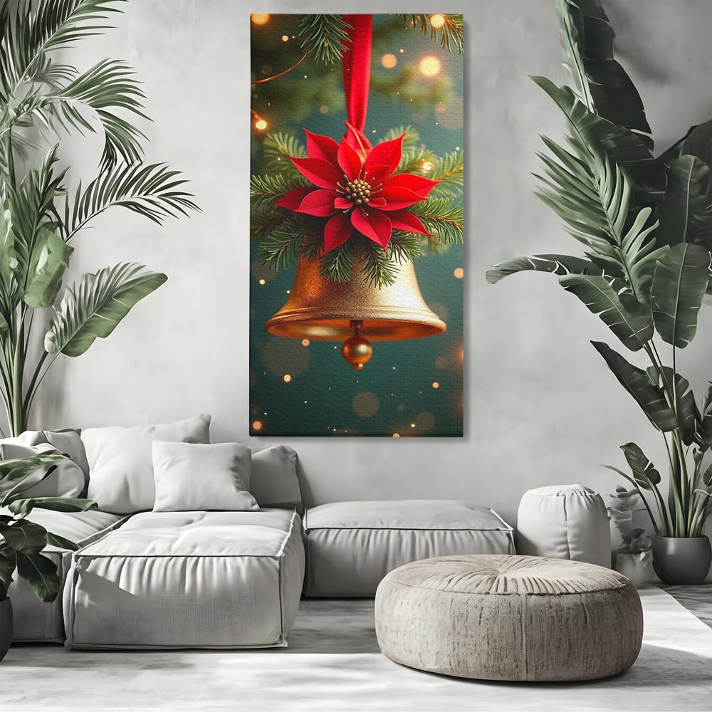 Leinwand Wandkunst Leinwand Wandkunst Premium, LuxCanva® D1126, The Sound of the Holidays, Glocken, Gold, Symphonie, Urlaub, Dekoration, Weihnachtsstern, Rot, Zweige, Tanne, Symbol, Harmonie, Wohnen, Schlafzimmer