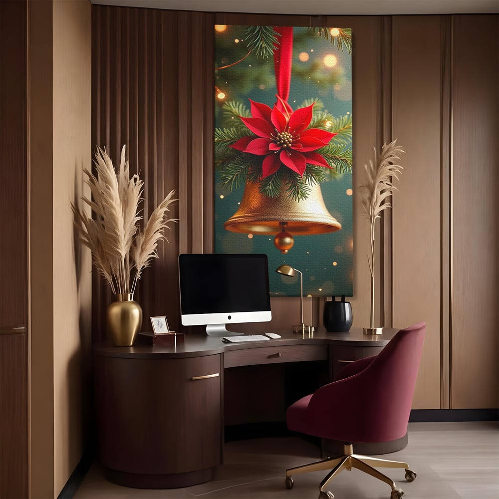 Leinwand Wandkunst Leinwand Wandkunst Premium, LuxCanva® D1126, The Sound of the Holidays, Glocken, Gold, Symphonie, Urlaub, Dekoration, Weihnachtsstern, Rot, Zweige, Tanne, Symbol, Harmonie, Wohnen, Schlafzimmer