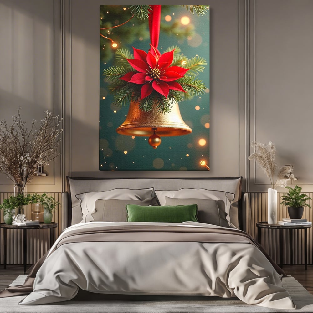 Leinwand Wandkunst Leinwand Wandkunst Premium, LuxCanva® D1126, The Sound of the Holidays, Glocken, Gold, Symphonie, Urlaub, Dekoration, Weihnachtsstern, Rot, Zweige, Tanne, Symbol, Harmonie, Wohnen, Schlafzimmer