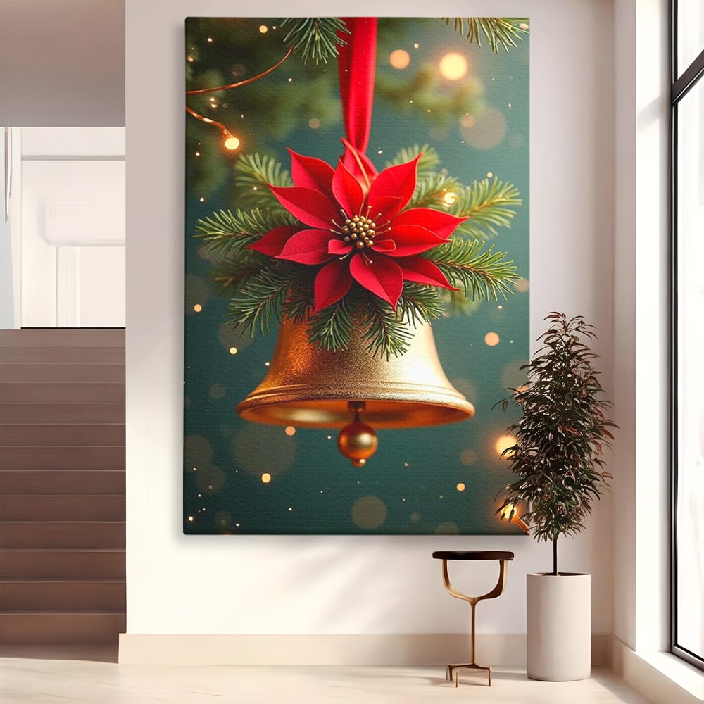 Leinwand Wandkunst Leinwand Wandkunst Premium, LuxCanva® D1126, The Sound of the Holidays, Glocken, Gold, Symphonie, Urlaub, Dekoration, Weihnachtsstern, Rot, Zweige, Tanne, Symbol, Harmonie, Wohnen, Schlafzimmer