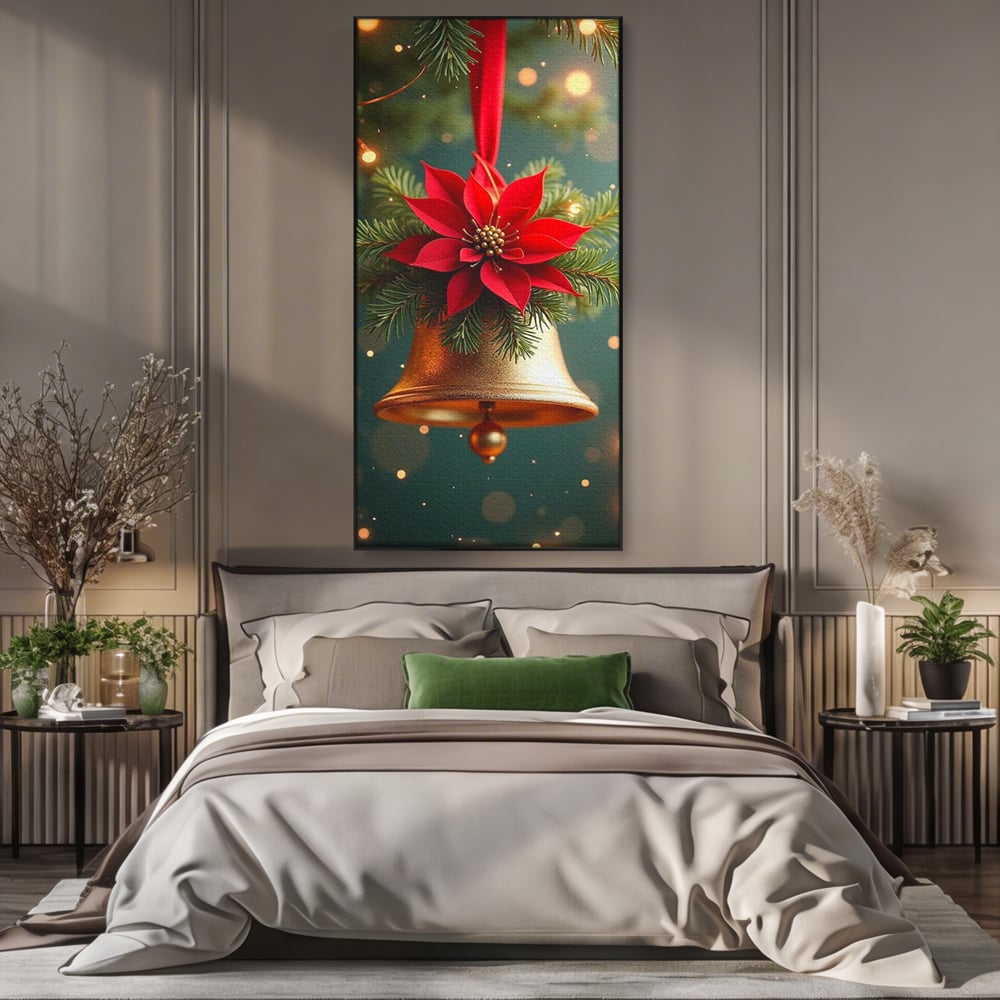 Leinwand Wandkunst Leinwand Wandkunst Premium, LuxCanva® D1126, The Sound of the Holidays, Glocken, Gold, Symphonie, Urlaub, Dekoration, Weihnachtsstern, Rot, Zweige, Tanne, Symbol, Harmonie, Wohnen, Schlafzimmer
