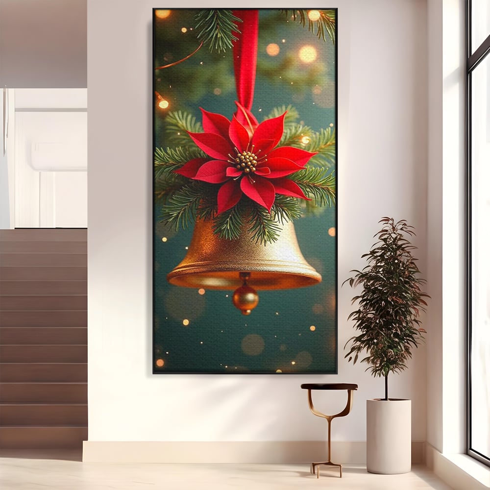 Leinwand Wandkunst Leinwand Wandkunst Premium, LuxCanva® D1126, The Sound of the Holidays, Glocken, Gold, Symphonie, Urlaub, Dekoration, Weihnachtsstern, Rot, Zweige, Tanne, Symbol, Harmonie, Wohnen, Schlafzimmer