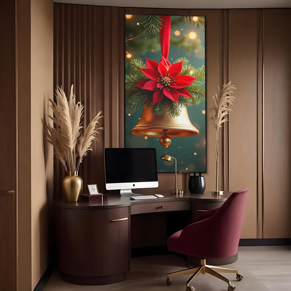 Leinwand Wandkunst Leinwand Wandkunst Premium, LuxCanva® D1126, The Sound of the Holidays, Glocken, Gold, Symphonie, Urlaub, Dekoration, Weihnachtsstern, Rot, Zweige, Tanne, Symbol, Harmonie, Wohnen, Schlafzimmer