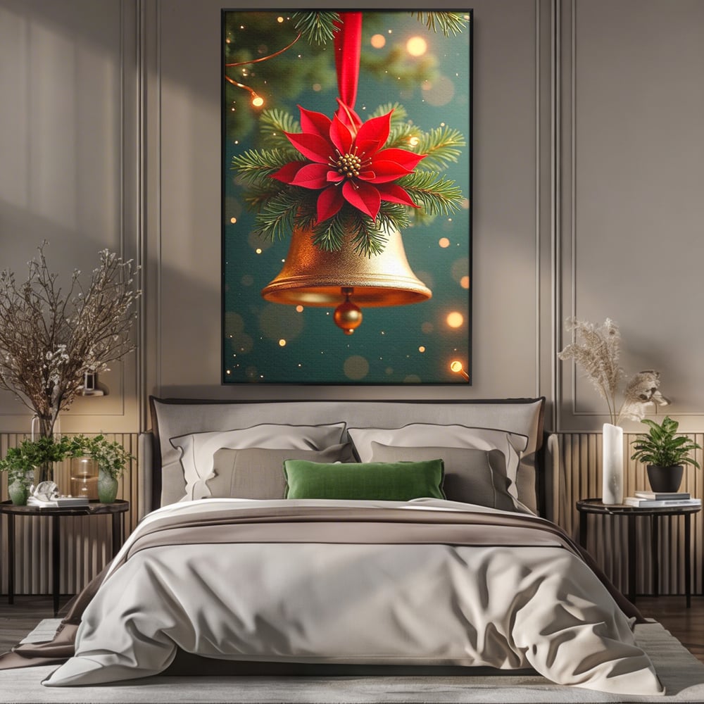 Leinwand Wandkunst Leinwand Wandkunst Premium, LuxCanva® D1126, The Sound of the Holidays, Glocken, Gold, Symphonie, Urlaub, Dekoration, Weihnachtsstern, Rot, Zweige, Tanne, Symbol, Harmonie, Wohnen, Schlafzimmer
