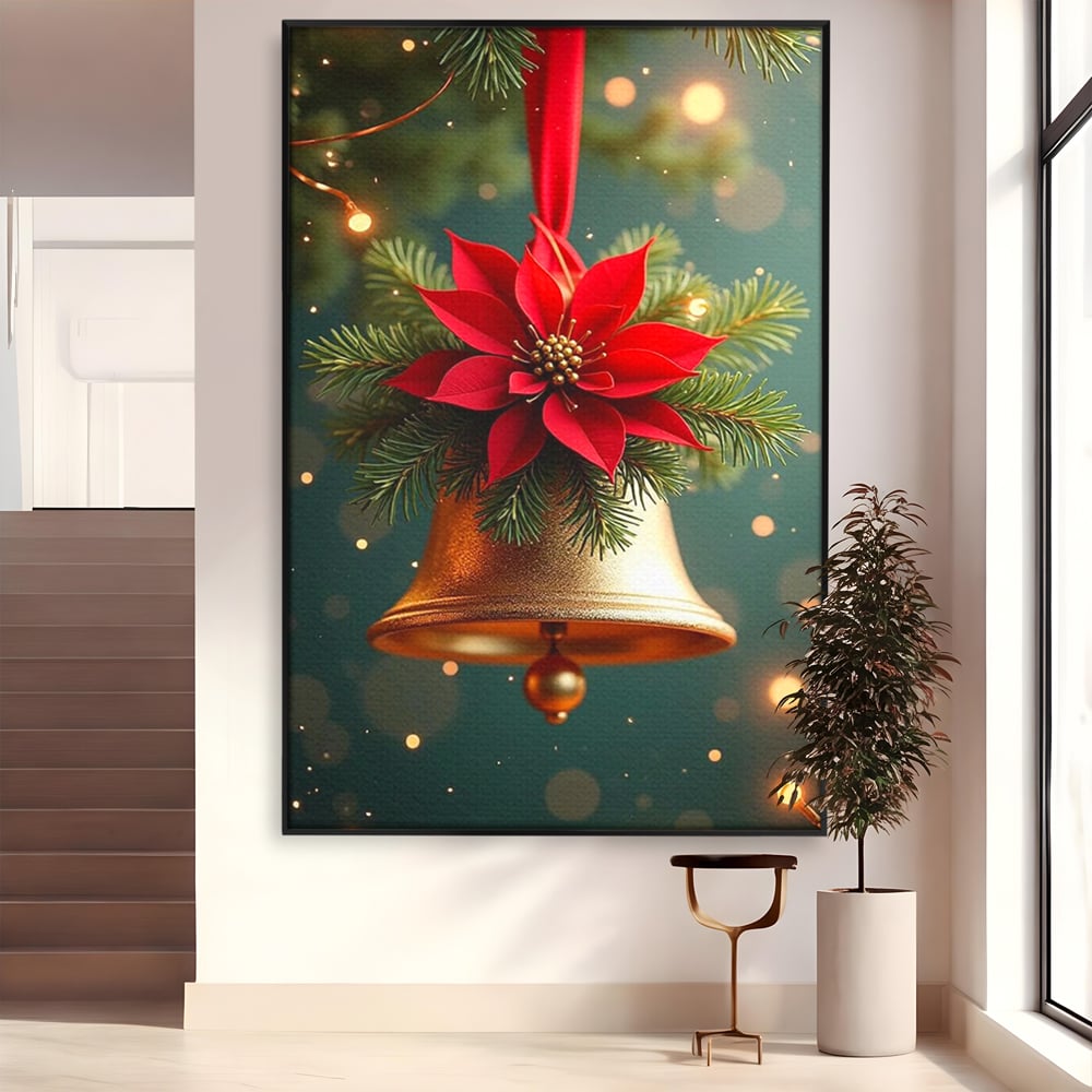 Leinwand Wandkunst Leinwand Wandkunst Premium, LuxCanva® D1126, The Sound of the Holidays, Glocken, Gold, Symphonie, Urlaub, Dekoration, Weihnachtsstern, Rot, Zweige, Tanne, Symbol, Harmonie, Wohnen, Schlafzimmer