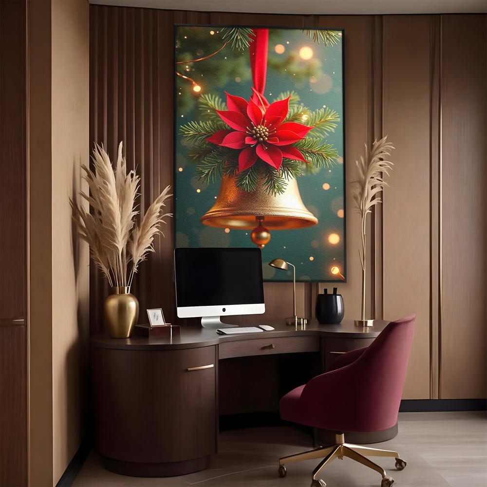 Leinwand Wandkunst Leinwand Wandkunst Premium, LuxCanva® D1126, The Sound of the Holidays, Glocken, Gold, Symphonie, Urlaub, Dekoration, Weihnachtsstern, Rot, Zweige, Tanne, Symbol, Harmonie, Wohnen, Schlafzimmer