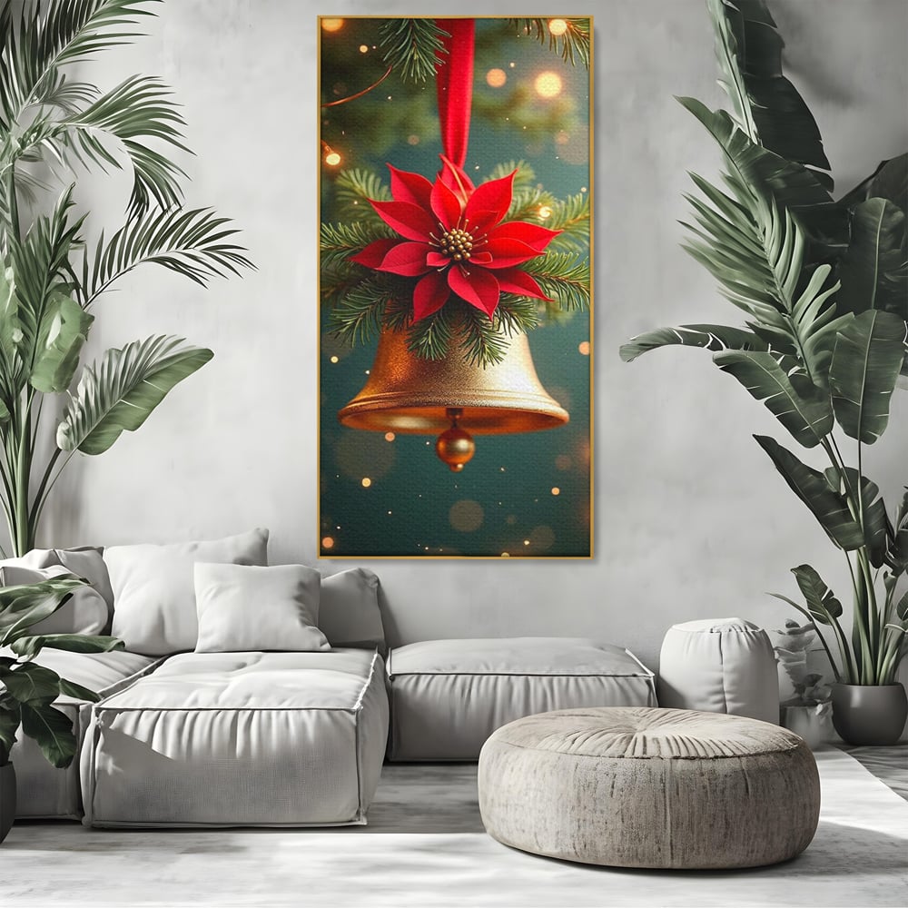 Leinwand Wandkunst Leinwand Wandkunst Premium, LuxCanva® D1126, The Sound of the Holidays, Glocken, Gold, Symphonie, Urlaub, Dekoration, Weihnachtsstern, Rot, Zweige, Tanne, Symbol, Harmonie, Wohnen, Schlafzimmer