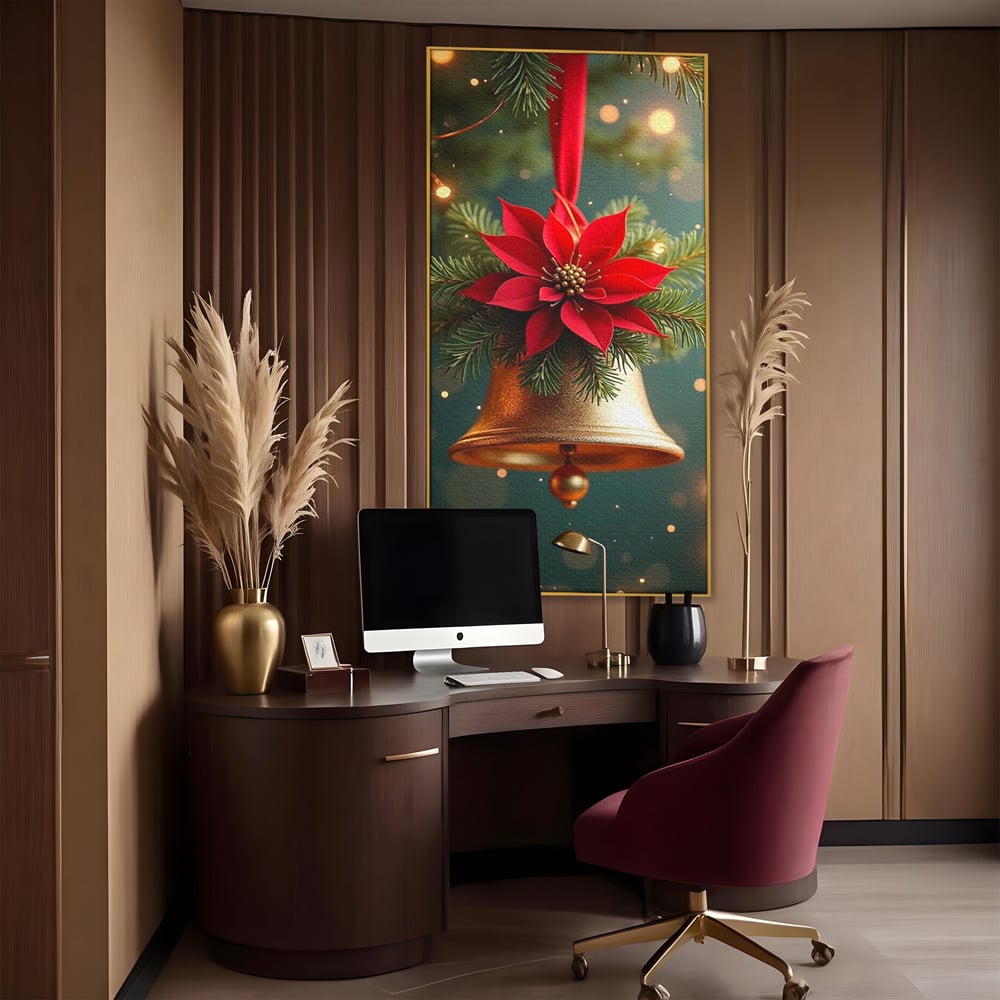 Leinwand Wandkunst Leinwand Wandkunst Premium, LuxCanva® D1126, The Sound of the Holidays, Glocken, Gold, Symphonie, Urlaub, Dekoration, Weihnachtsstern, Rot, Zweige, Tanne, Symbol, Harmonie, Wohnen, Schlafzimmer