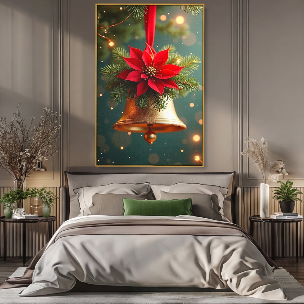 Leinwand Wandkunst Leinwand Wandkunst Premium, LuxCanva® D1126, The Sound of the Holidays, Glocken, Gold, Symphonie, Urlaub, Dekoration, Weihnachtsstern, Rot, Zweige, Tanne, Symbol, Harmonie, Wohnen, Schlafzimmer