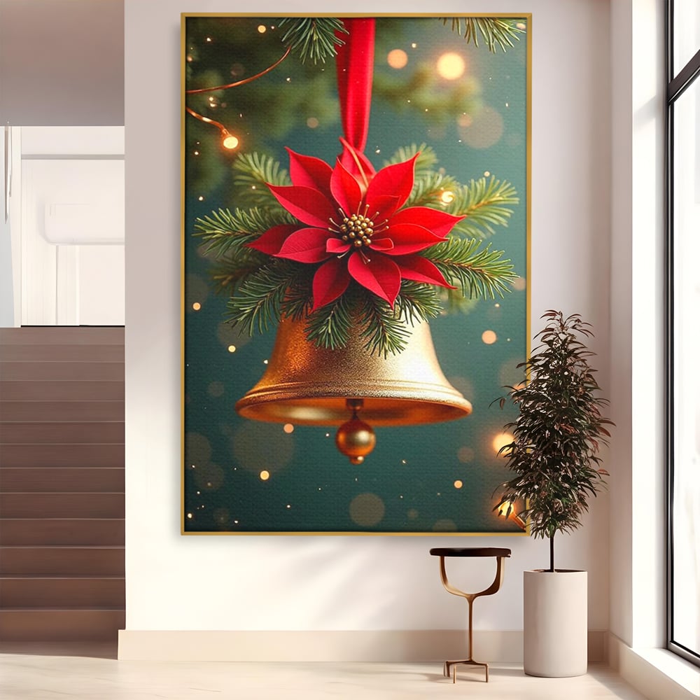 Leinwand Wandkunst Leinwand Wandkunst Premium, LuxCanva® D1126, The Sound of the Holidays, Glocken, Gold, Symphonie, Urlaub, Dekoration, Weihnachtsstern, Rot, Zweige, Tanne, Symbol, Harmonie, Wohnen, Schlafzimmer