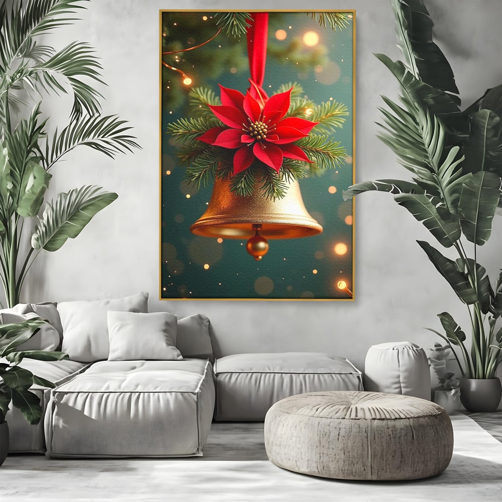Leinwand Wandkunst Leinwand Wandkunst Premium, LuxCanva® D1126, The Sound of the Holidays, Glocken, Gold, Symphonie, Urlaub, Dekoration, Weihnachtsstern, Rot, Zweige, Tanne, Symbol, Harmonie, Wohnen, Schlafzimmer