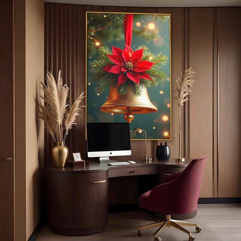Leinwand Wandkunst Leinwand Wandkunst Premium, LuxCanva® D1126, The Sound of the Holidays, Glocken, Gold, Symphonie, Urlaub, Dekoration, Weihnachtsstern, Rot, Zweige, Tanne, Symbol, Harmonie, Wohnen, Schlafzimmer
