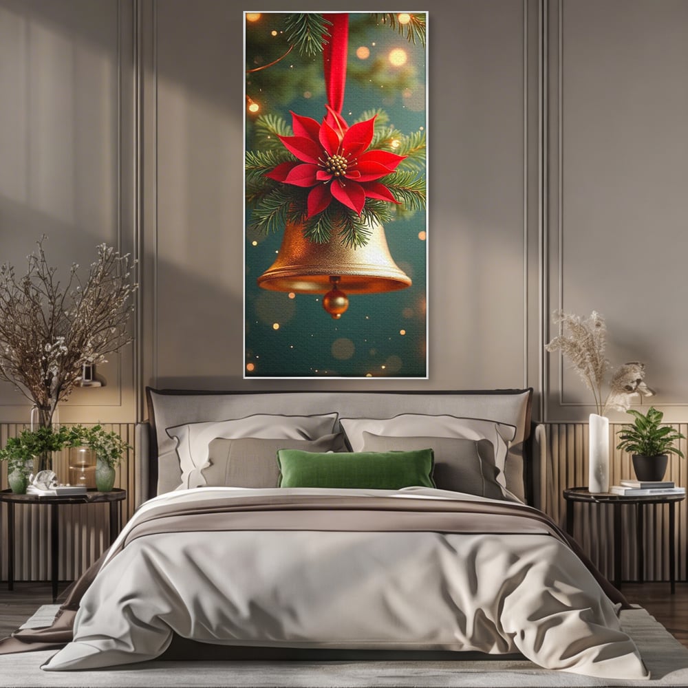 Leinwand Wandkunst Leinwand Wandkunst Premium, LuxCanva® D1126, The Sound of the Holidays, Glocken, Gold, Symphonie, Urlaub, Dekoration, Weihnachtsstern, Rot, Zweige, Tanne, Symbol, Harmonie, Wohnen, Schlafzimmer