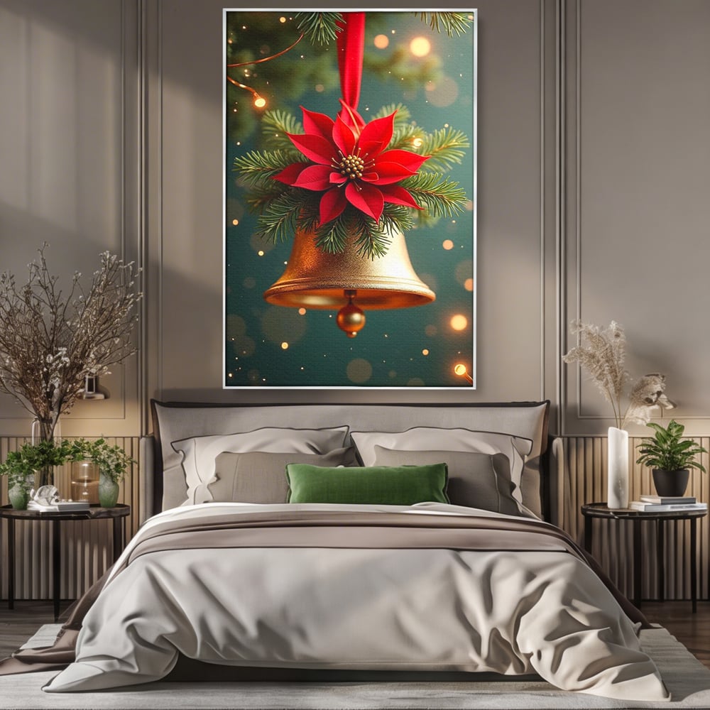 Leinwand Wandkunst Leinwand Wandkunst Premium, LuxCanva® D1126, The Sound of the Holidays, Glocken, Gold, Symphonie, Urlaub, Dekoration, Weihnachtsstern, Rot, Zweige, Tanne, Symbol, Harmonie, Wohnen, Schlafzimmer