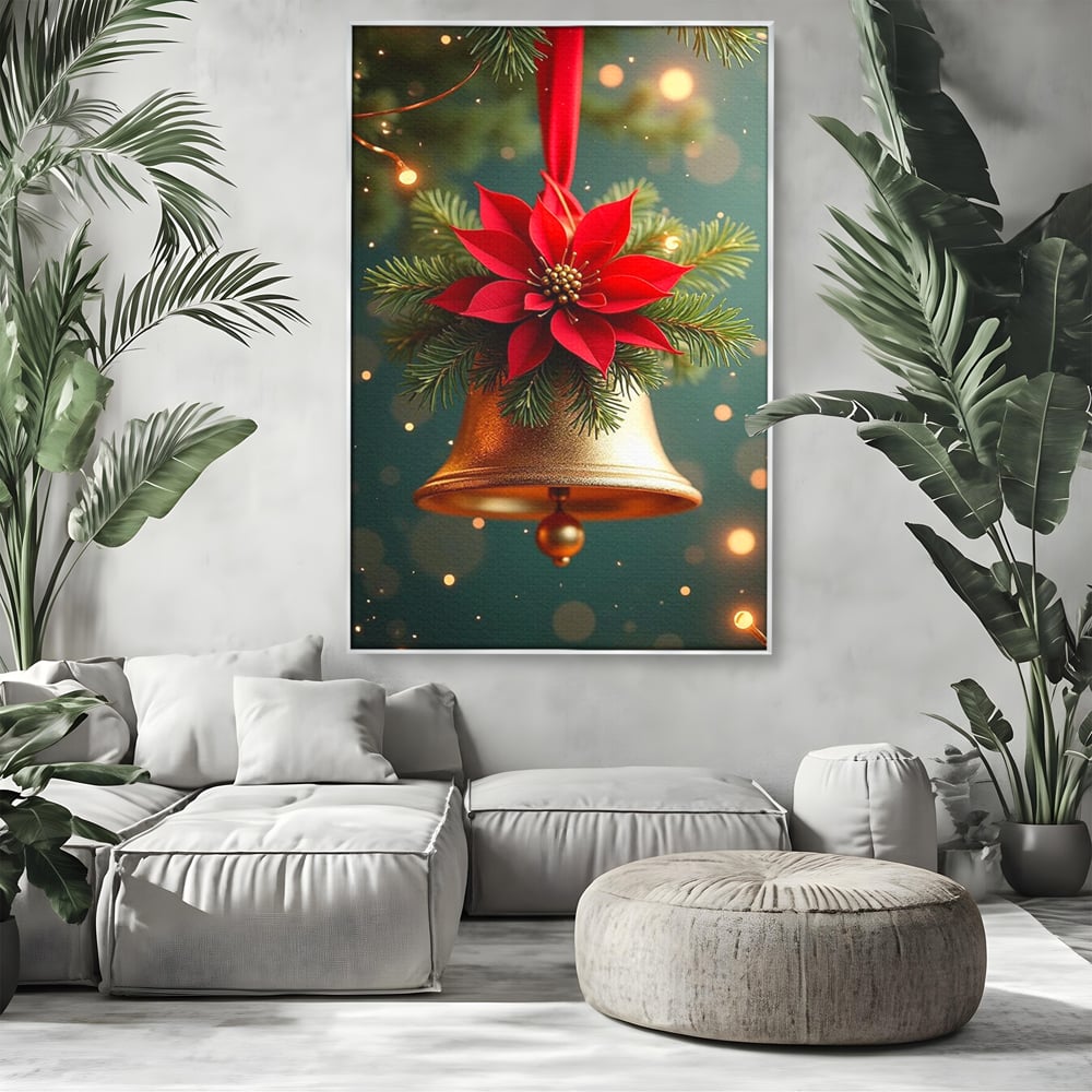 Leinwand Wandkunst Leinwand Wandkunst Premium, LuxCanva® D1126, The Sound of the Holidays, Glocken, Gold, Symphonie, Urlaub, Dekoration, Weihnachtsstern, Rot, Zweige, Tanne, Symbol, Harmonie, Wohnen, Schlafzimmer