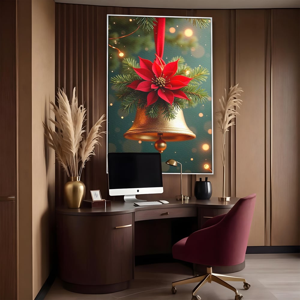 Leinwand Wandkunst Leinwand Wandkunst Premium, LuxCanva® D1126, The Sound of the Holidays, Glocken, Gold, Symphonie, Urlaub, Dekoration, Weihnachtsstern, Rot, Zweige, Tanne, Symbol, Harmonie, Wohnen, Schlafzimmer