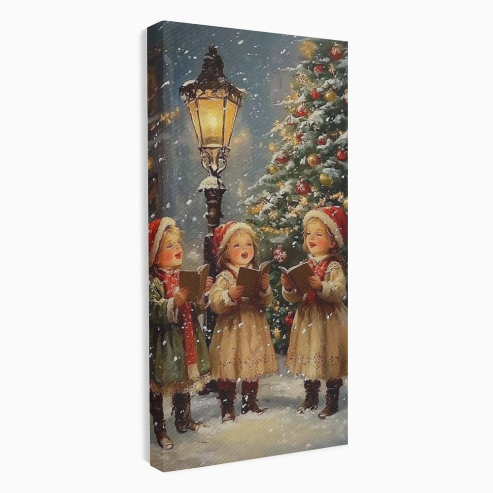 Fotoleinwand Leinwand Premium, LuxCanva® D1129, Sternsinger in der Heiligen Nacht, Weihnachtslieder, Winter, Magie, Singen, Mädchen, Kindheit, Kindheit, Felinar, Tanne, Lächeln, Tradition, Emotion, Wohnen, Schlafzimmer