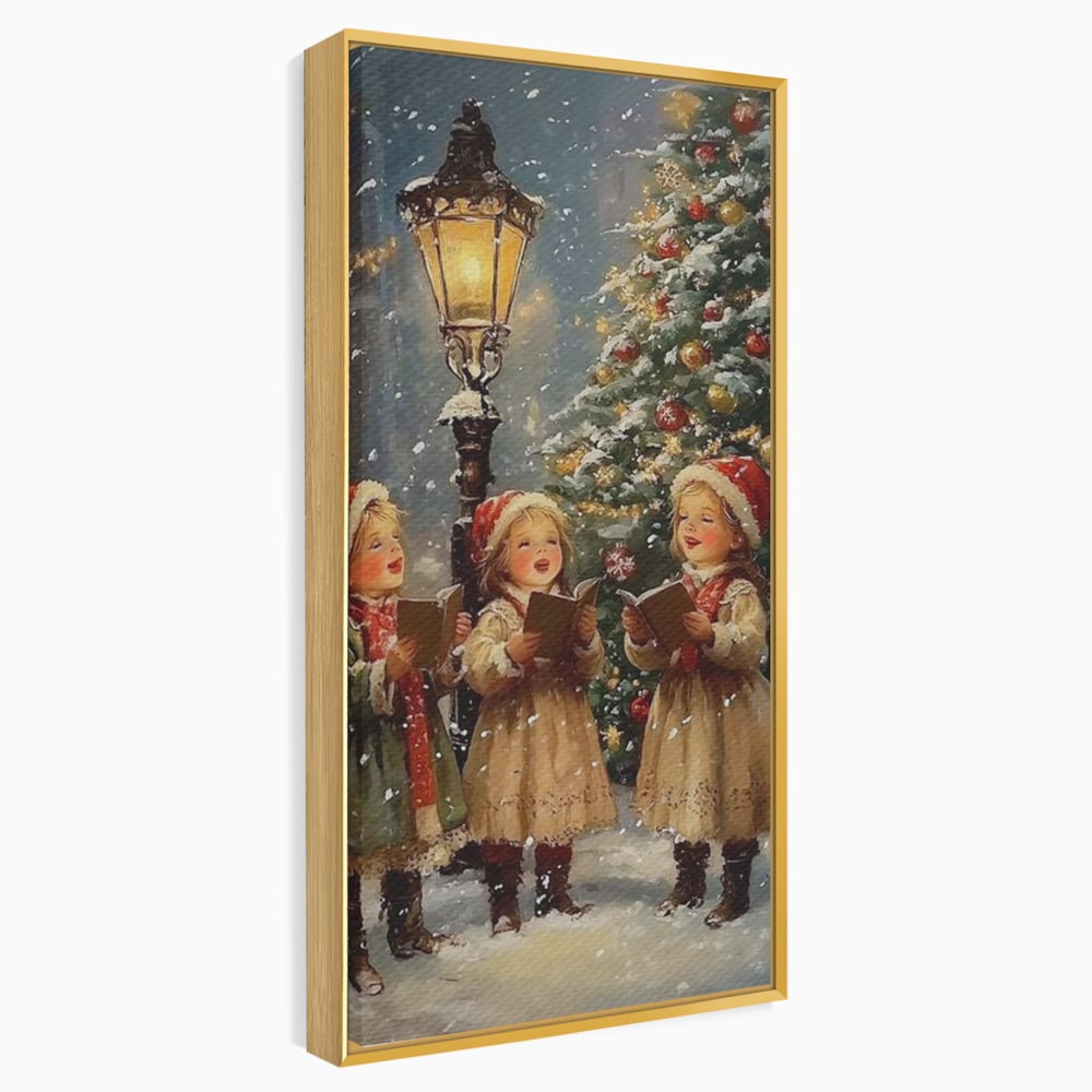 Fotoleinwand Leinwand Premium, LuxCanva® D1129, Sternsinger in der Heiligen Nacht, Weihnachtslieder, Winter, Magie, Singen, Mädchen, Kindheit, Kindheit, Felinar, Tanne, Lächeln, Tradition, Emotion, Wohnen, Schlafzimmer