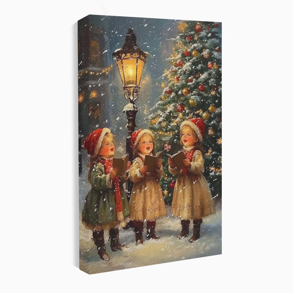 Fotoleinwand Leinwand Premium, LuxCanva® D1129, Sternsinger in der Heiligen Nacht, Weihnachtslieder, Winter, Magie, Singen, Mädchen, Kindheit, Kindheit, Felinar, Tanne, Lächeln, Tradition, Emotion, Wohnen, Schlafzimmer