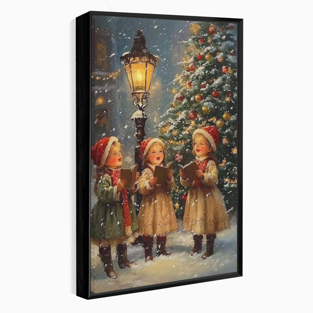 Fotoleinwand Leinwand Premium, LuxCanva® D1129, Sternsinger in der Heiligen Nacht, Weihnachtslieder, Winter, Magie, Singen, Mädchen, Kindheit, Kindheit, Felinar, Tanne, Lächeln, Tradition, Emotion, Wohnen, Schlafzimmer