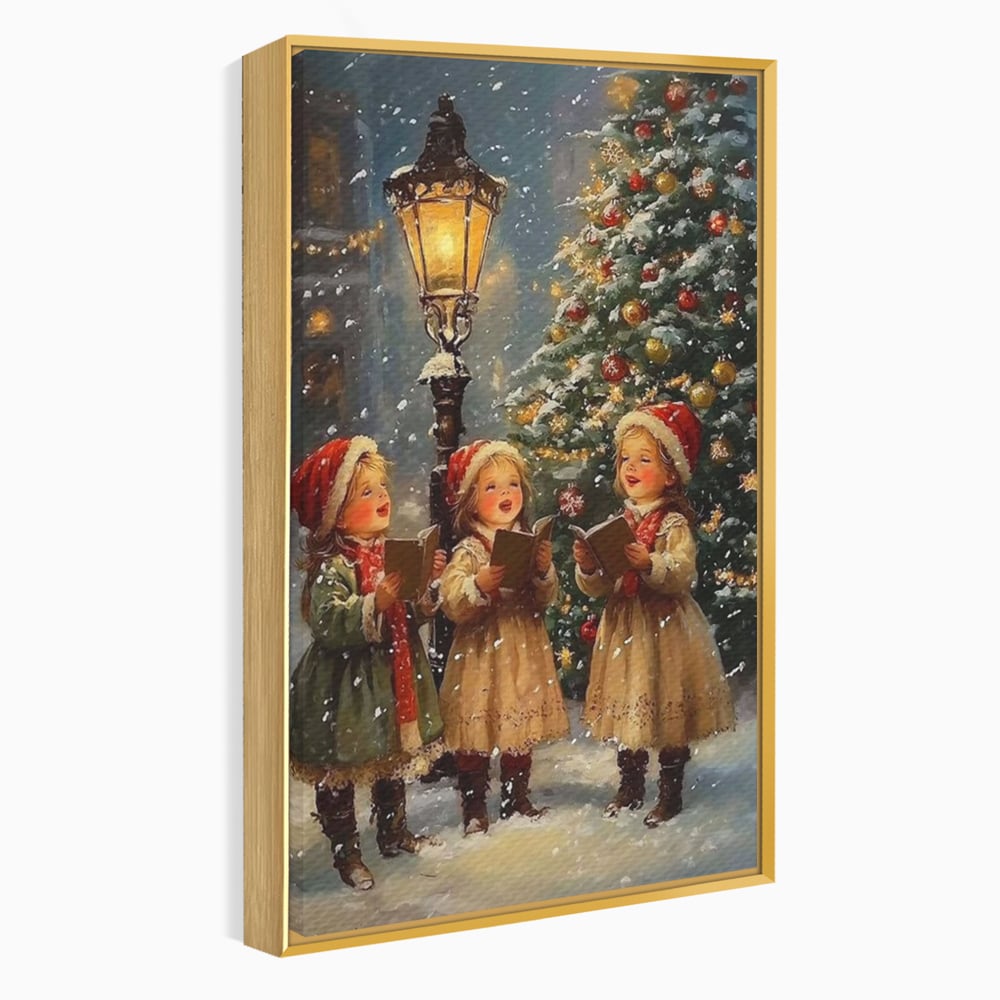 Fotoleinwand Leinwand Premium, LuxCanva® D1129, Sternsinger in der Heiligen Nacht, Weihnachtslieder, Winter, Magie, Singen, Mädchen, Kindheit, Kindheit, Felinar, Tanne, Lächeln, Tradition, Emotion, Wohnen, Schlafzimmer