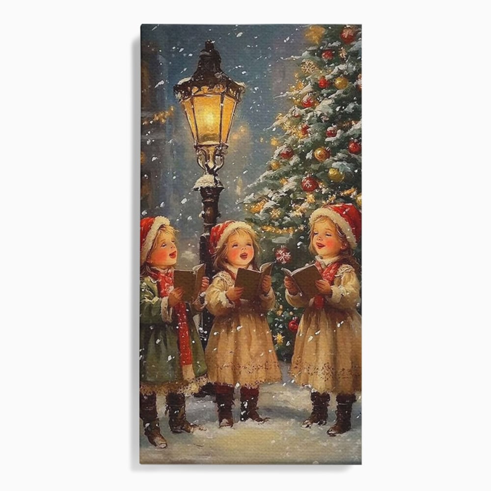 Fotoleinwand Leinwand Premium, LuxCanva® D1129, Sternsinger in der Heiligen Nacht, Weihnachtslieder, Winter, Magie, Singen, Mädchen, Kindheit, Kindheit, Felinar, Tanne, Lächeln, Tradition, Emotion, Wohnen, Schlafzimmer