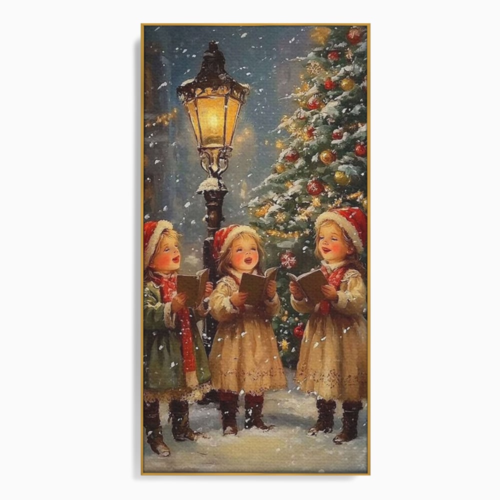Fotoleinwand Leinwand Premium, LuxCanva® D1129, Sternsinger in der Heiligen Nacht, Weihnachtslieder, Winter, Magie, Singen, Mädchen, Kindheit, Kindheit, Felinar, Tanne, Lächeln, Tradition, Emotion, Wohnen, Schlafzimmer