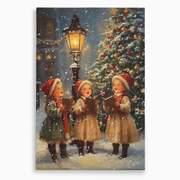 Fotoleinwand Leinwand Premium, LuxCanva® D1129, Sternsinger in der Heiligen Nacht, Weihnachtslieder, Winter, Magie, Singen, Mädchen, Kindheit, Kindheit, Felinar, Tanne, Lächeln, Tradition, Emotion, Wohnen, Schlafzimmer